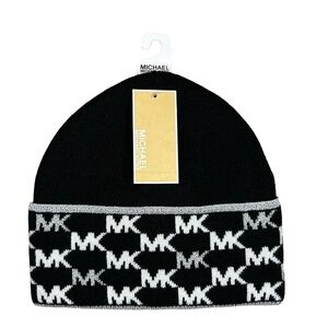MICHAEL Michael Kors Women’s Black Beanie with White Gray MK Logo Pattern